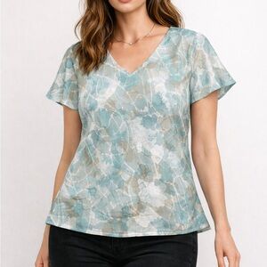Chic Teal Patterned Women's Short Sleeve Top
